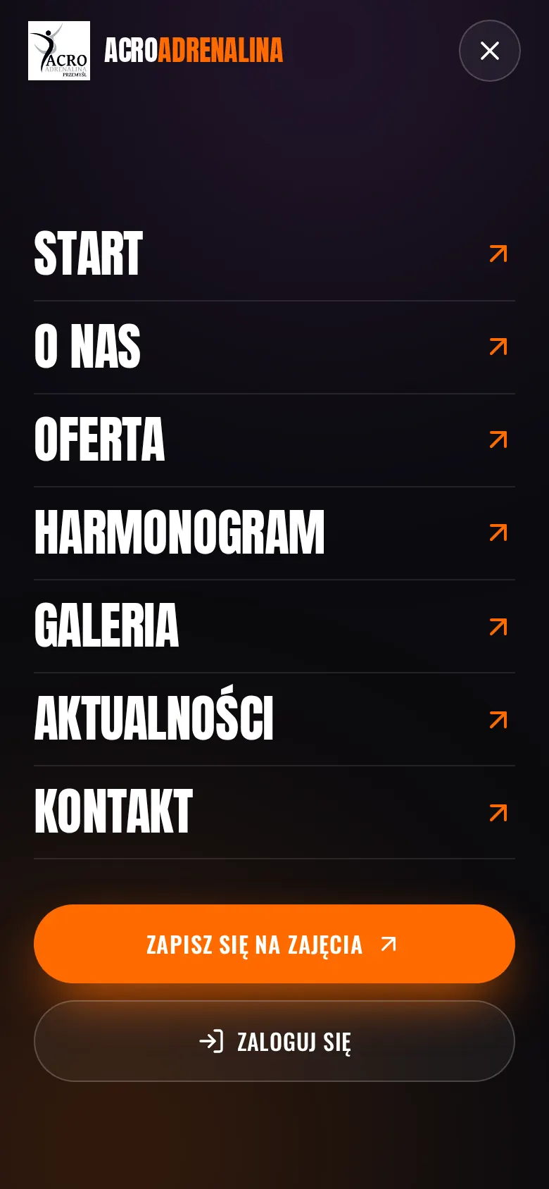 AcroAdrenalina na telefonie — pełnoekranowe menu