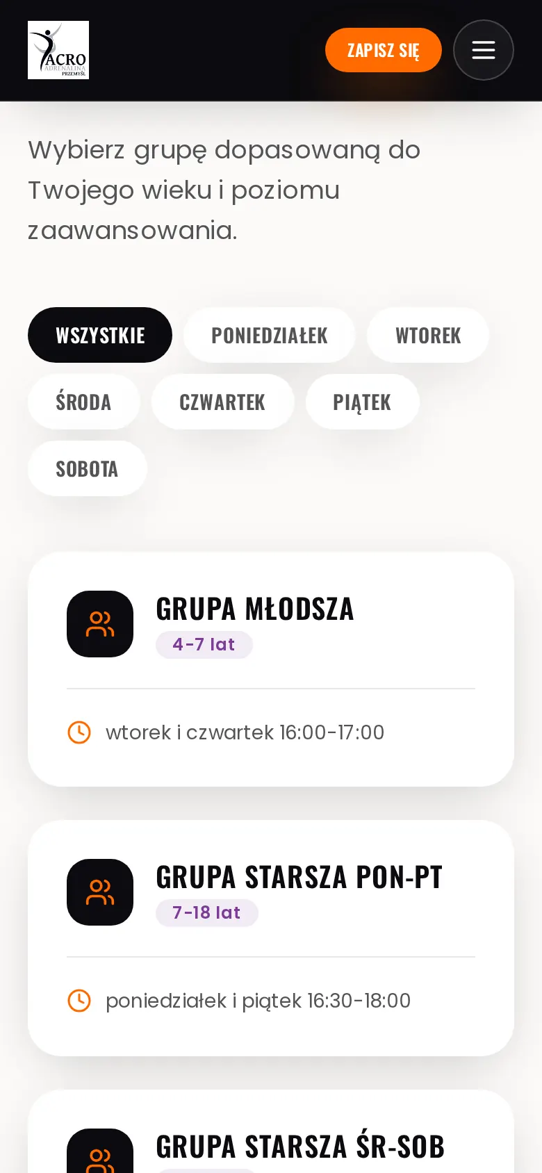 AcroAdrenalina na telefonie — harmonogram