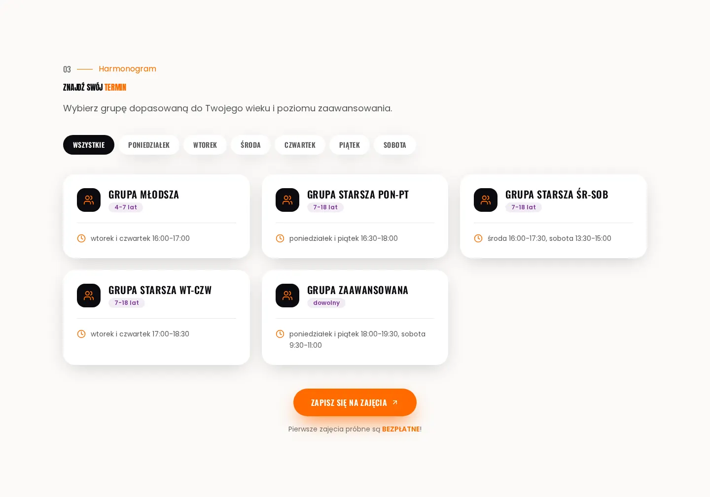 Sekcja harmonogramu AcroAdrenalina z filtrem dni tygodnia i listą grup treningowych
