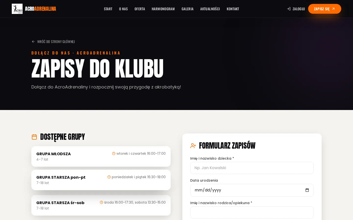 Podstrona zapisów AcroAdrenalina z listą grup i formularzem zapisu