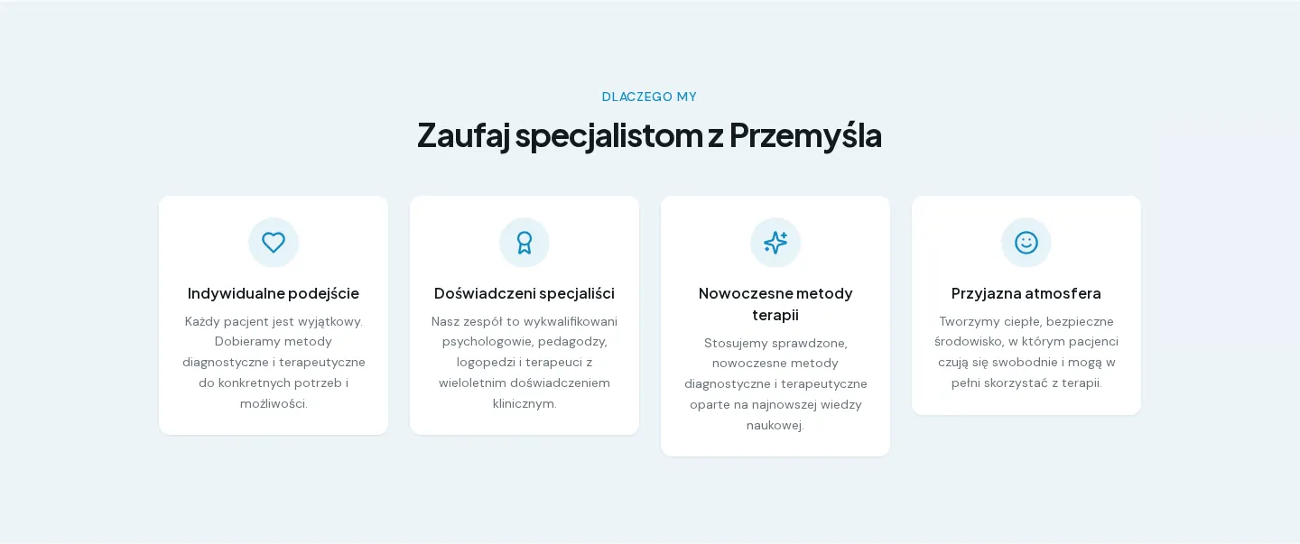 Sekcja „Dlaczego my” z czterema kartami