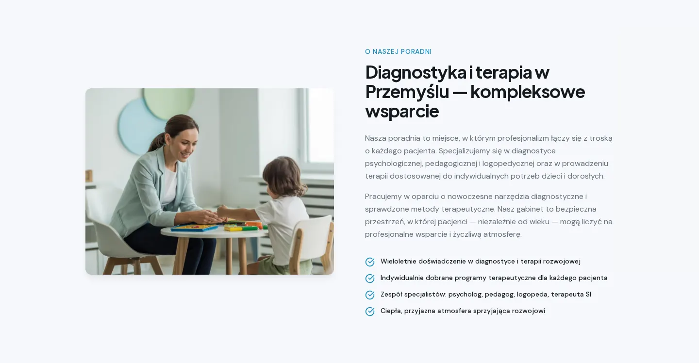 Sekcja „O naszej poradni” ze zdjęciem i listą najważniejszych informacji
